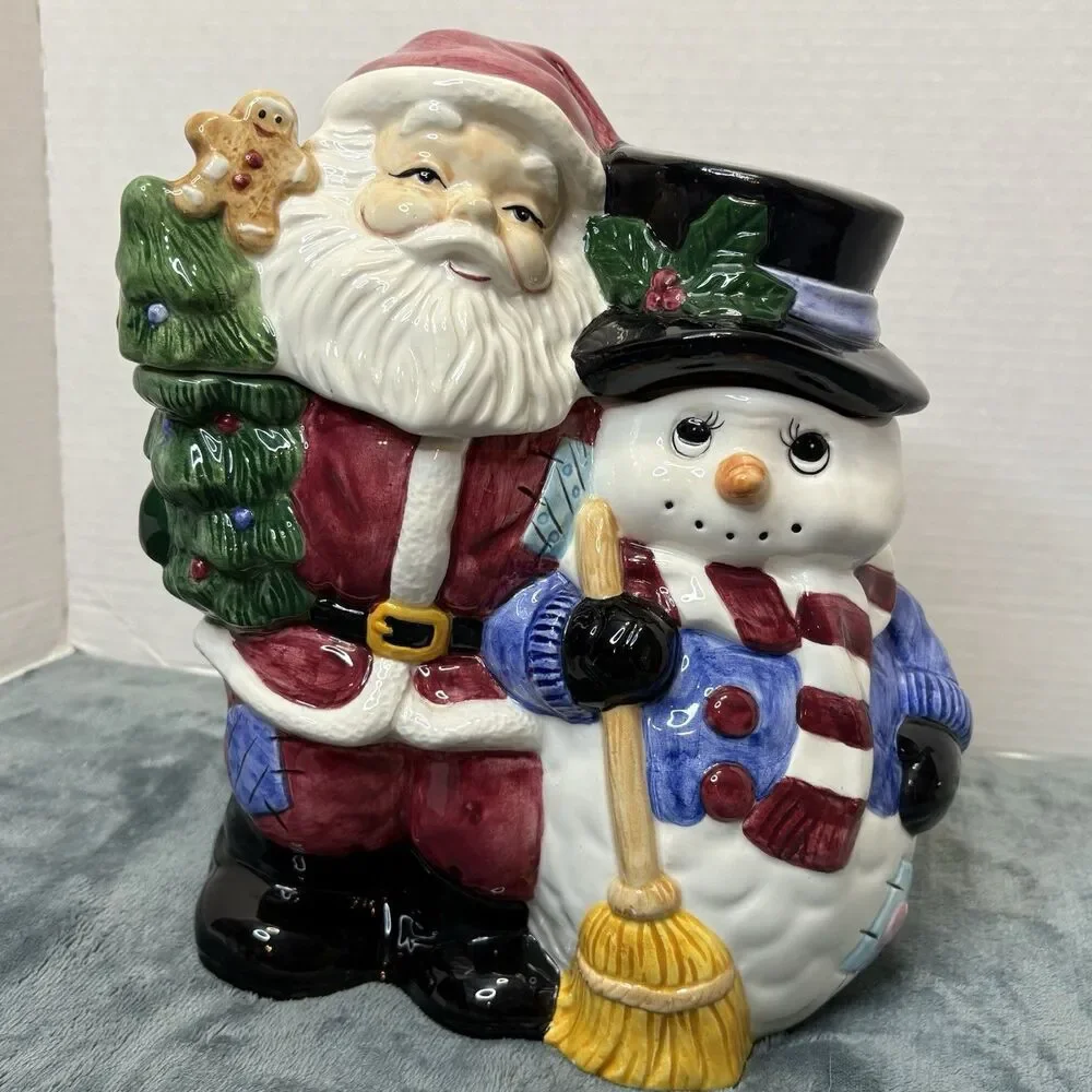 Vintage Jay Imports Santa And Snowman Ceramic Cookie Jar